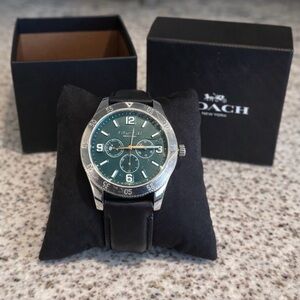 Coach New York Men’s Green Dial Chronograph Watch Black Leather Strap NWT